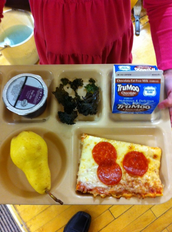 Kale chips for lunch with whole grain pizza and pears.